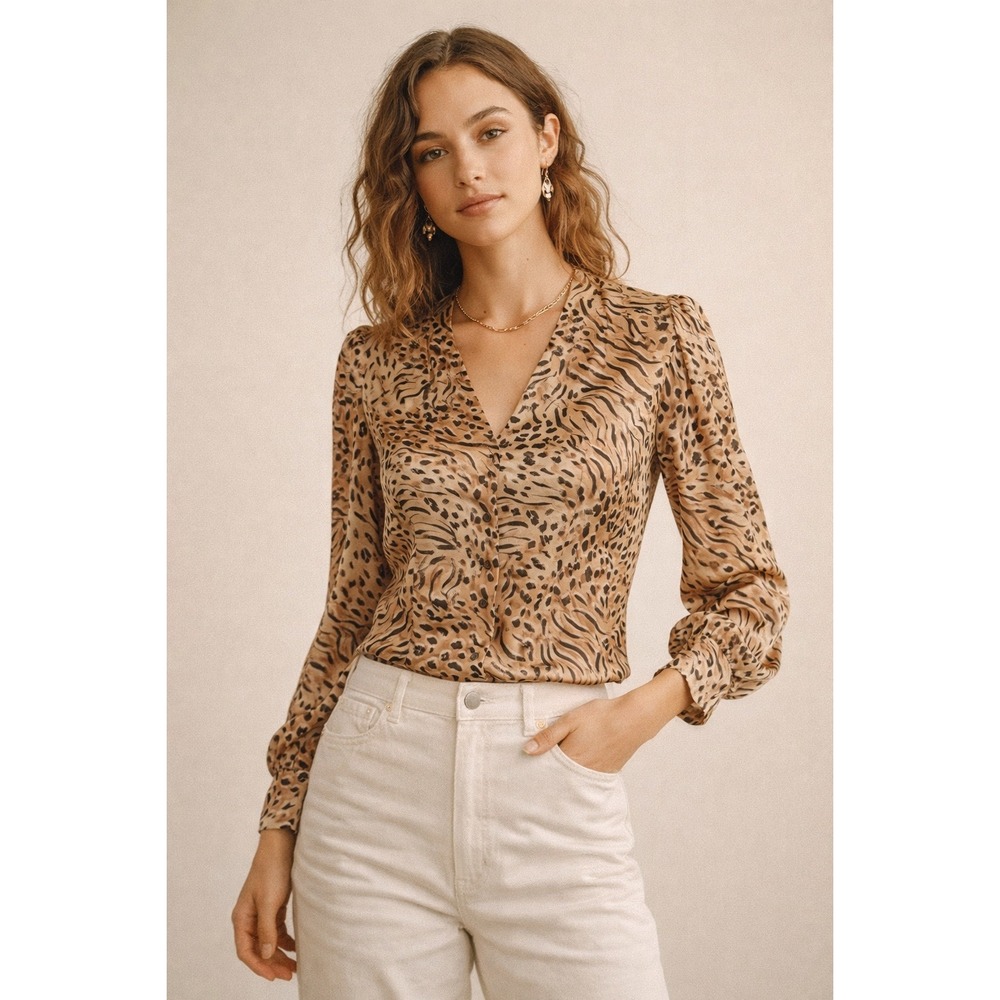 Elie Tahari 100% Silk Animal Print Blouse Leopard V-Neck Tan Brown XS